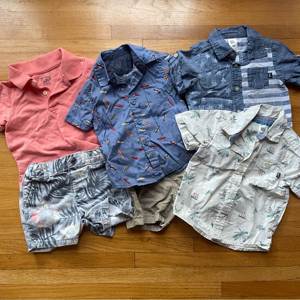 B’Gosh Set Lot Boys 18 months Button Shirts Collar Polo Summer Shorts Tropical